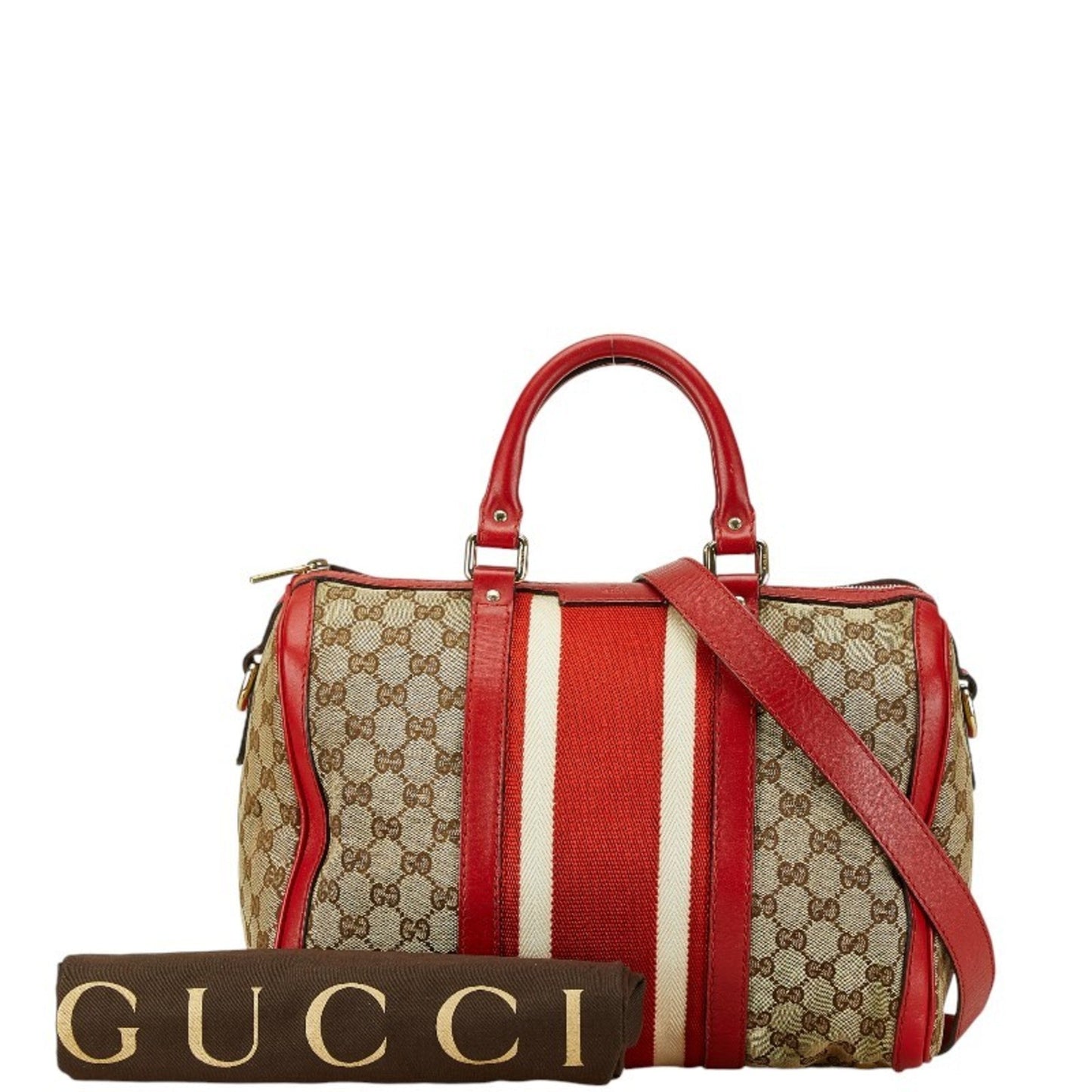 Gucci Beige Red Color Canvas Leather Boston Bag Shoulder Bag ()