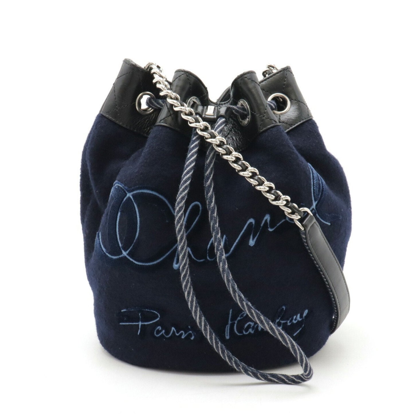 Chanel Black Navy Wool Leather Shoulder Bag ()