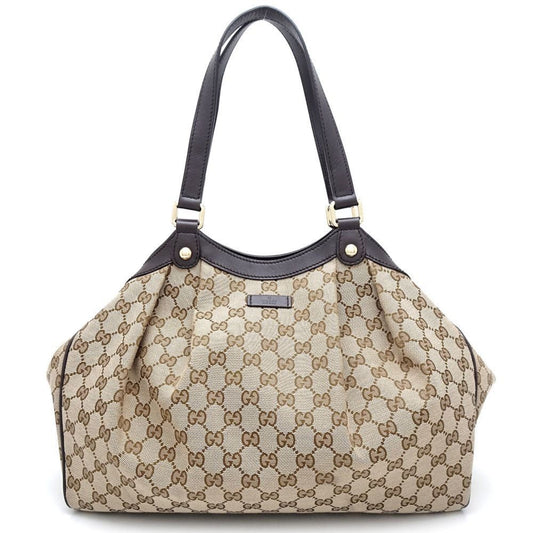 Gucci Beige Dark Brown Gg Canvas Leather Tote Bag ()
