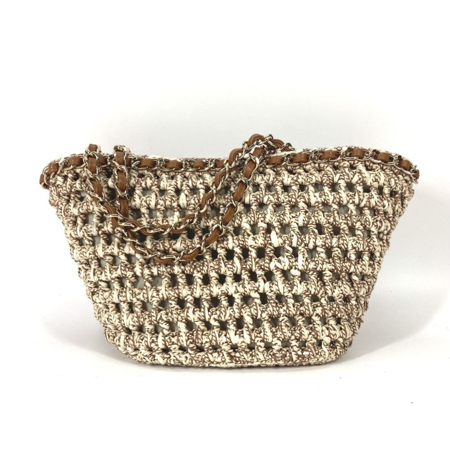 Chanel Beige Brown Leather Canvas Shoulder Bag Tote Bag ()