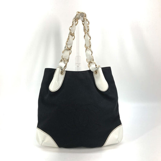 Chanel Black White Canvas Leather Shoulder Bag Tote Bag ()