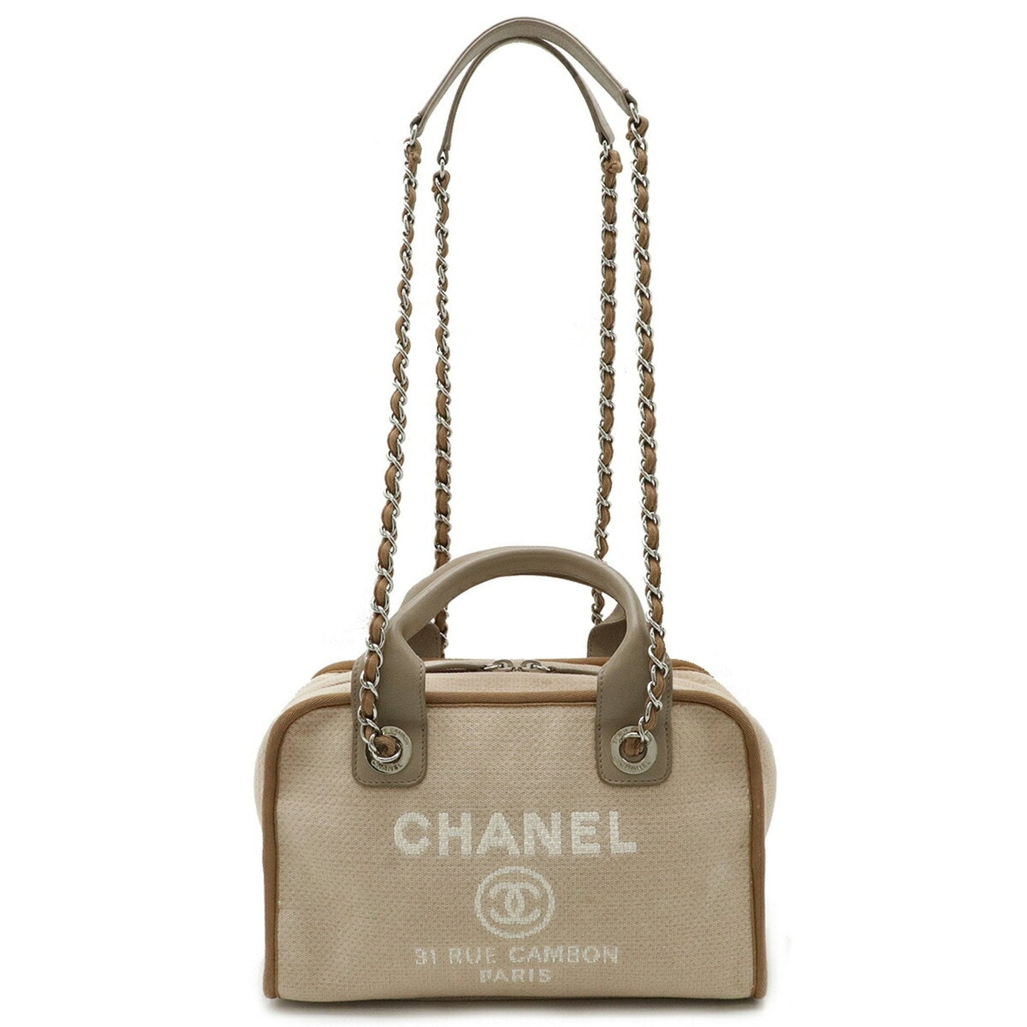 Chanel Beige Brown Grayish Canvas Leather Handbag ()