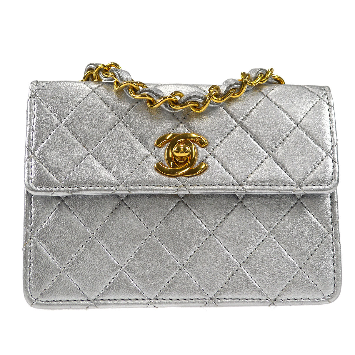 CHANEL 1989-1991 Straight Flap Micro Metallic Silver Lambskin