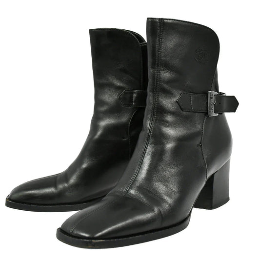 Chanel * Black Leather Short Boots Shoes #36 1/2