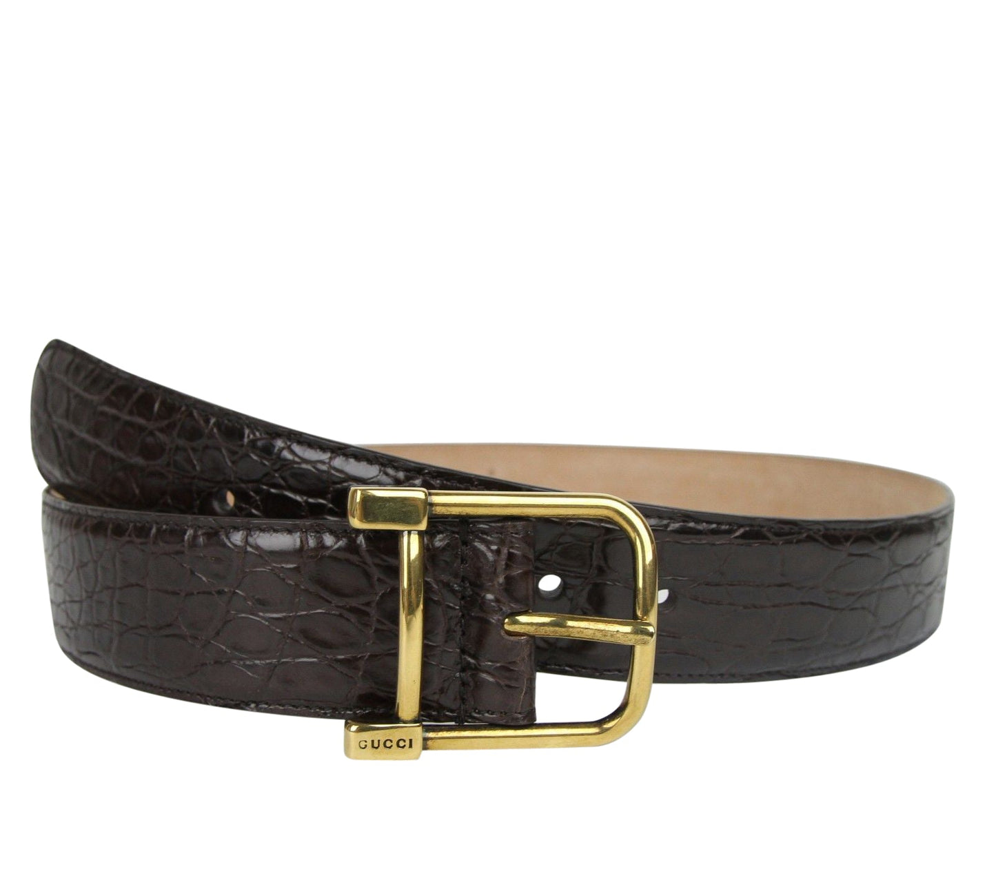 Gucci Women's Gold Square Buckle Dark Brown Crocodile Belt 257319 E7I0T 2140