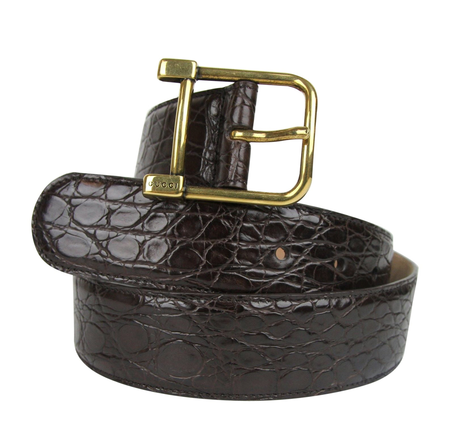 Gucci Women's Gold Square Buckle Dark Brown Crocodile Belt (105 / 42)