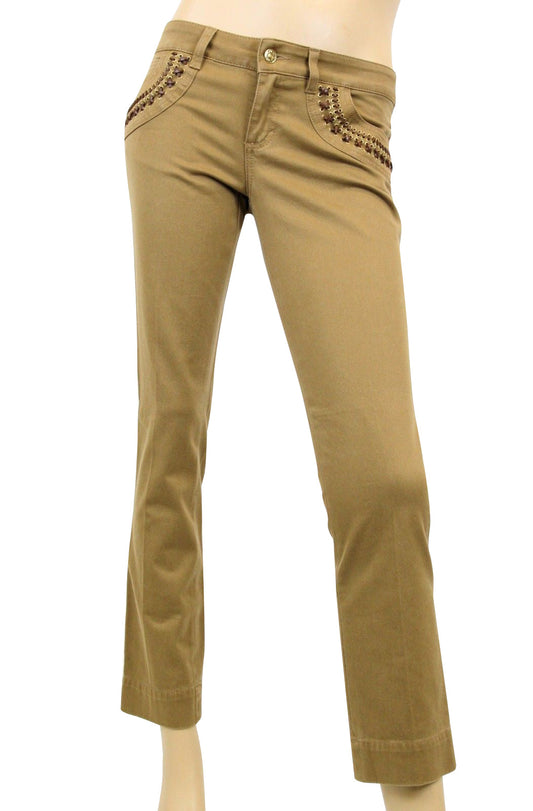Gucci Women's Leather Laces Brown Cotton Elastane Capri Jeans Pants