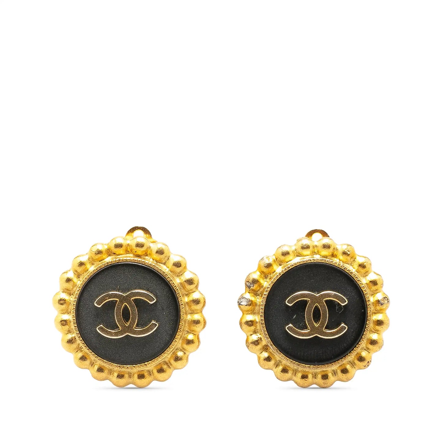 Gold Chanel Gold Plated Acrylic CC Button Clip On Earrings