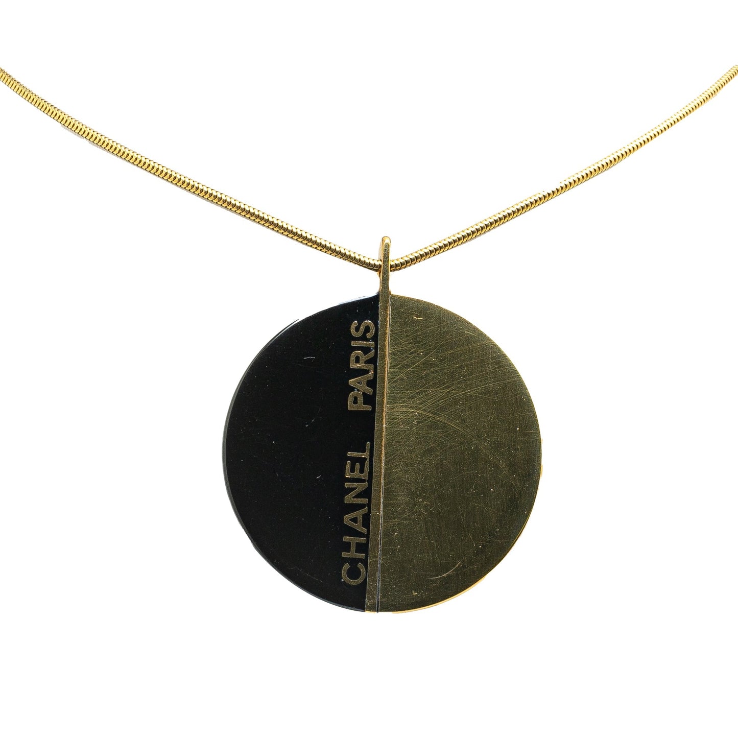Black Chanel Enamel Round Pendant Long Necklace