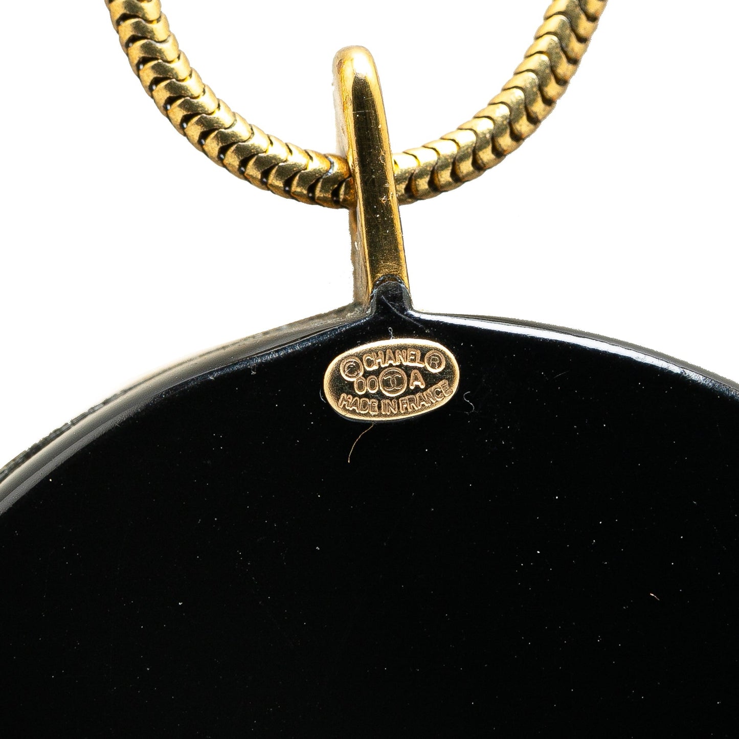 Black Chanel Enamel Round Pendant Long Necklace