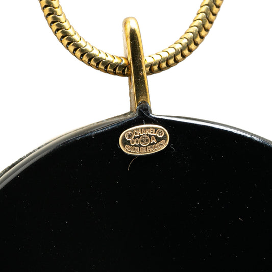 Black Chanel Enamel Round Pendant Long Necklace