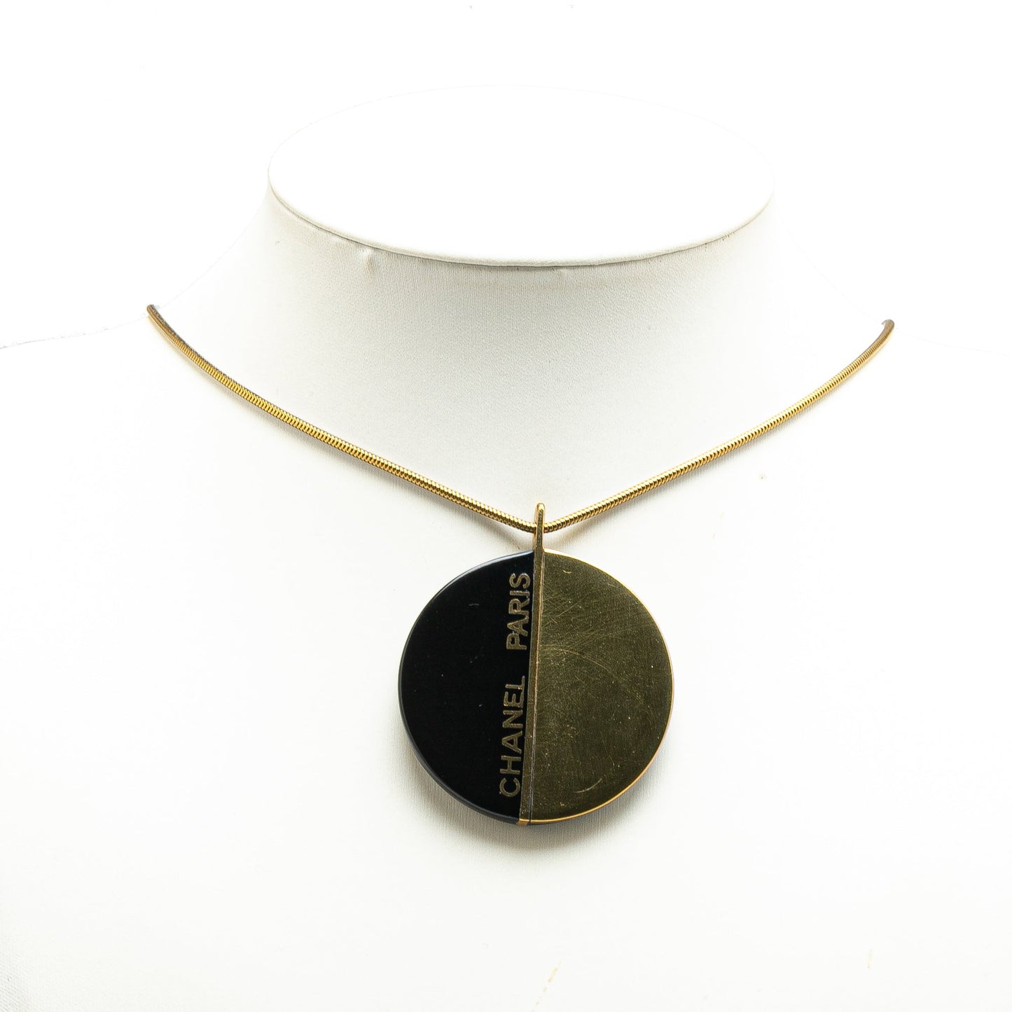 Black Chanel Enamel Round Pendant Long Necklace