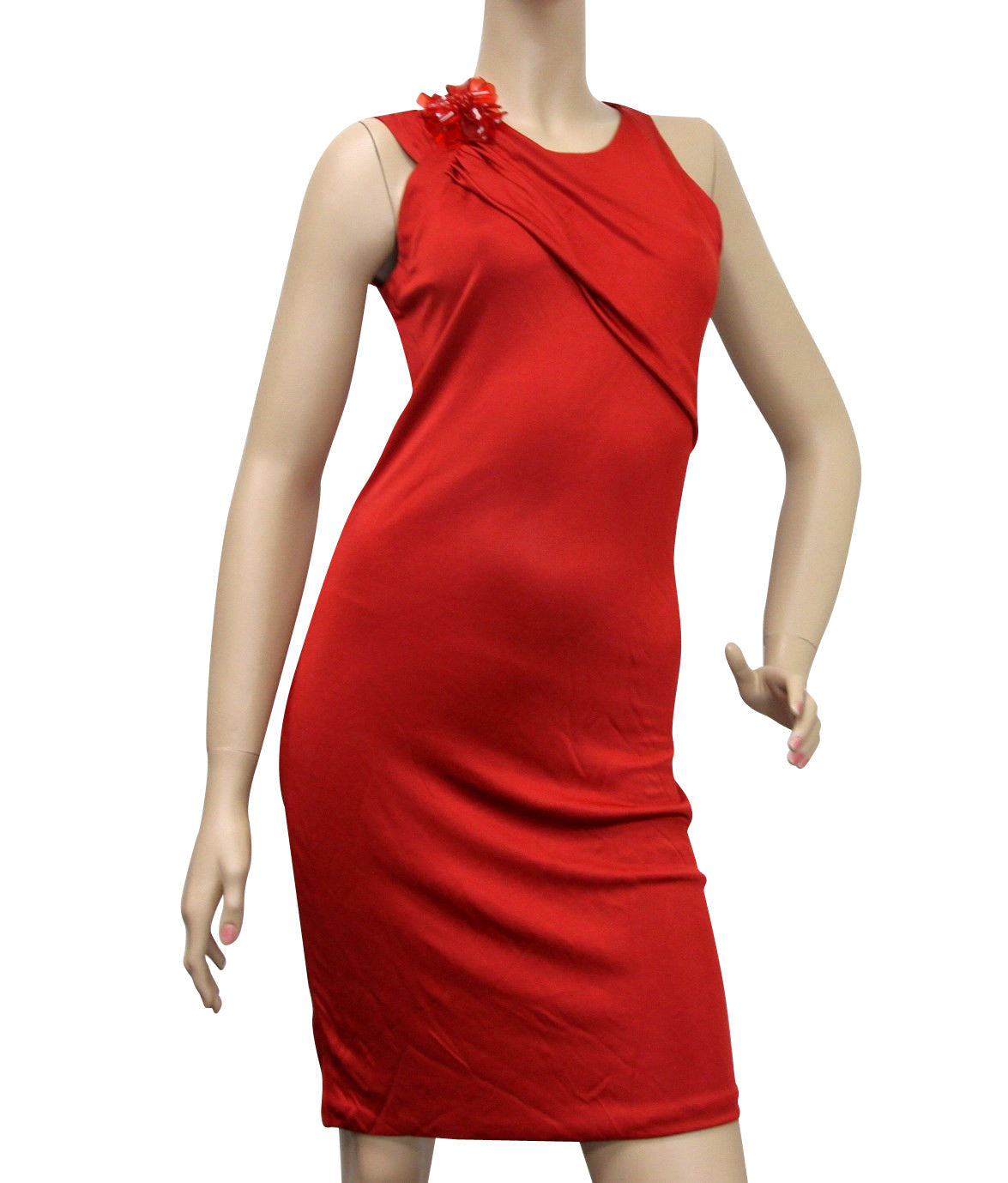 Gucci Women's Red Rayon Dress With Flower Brooch