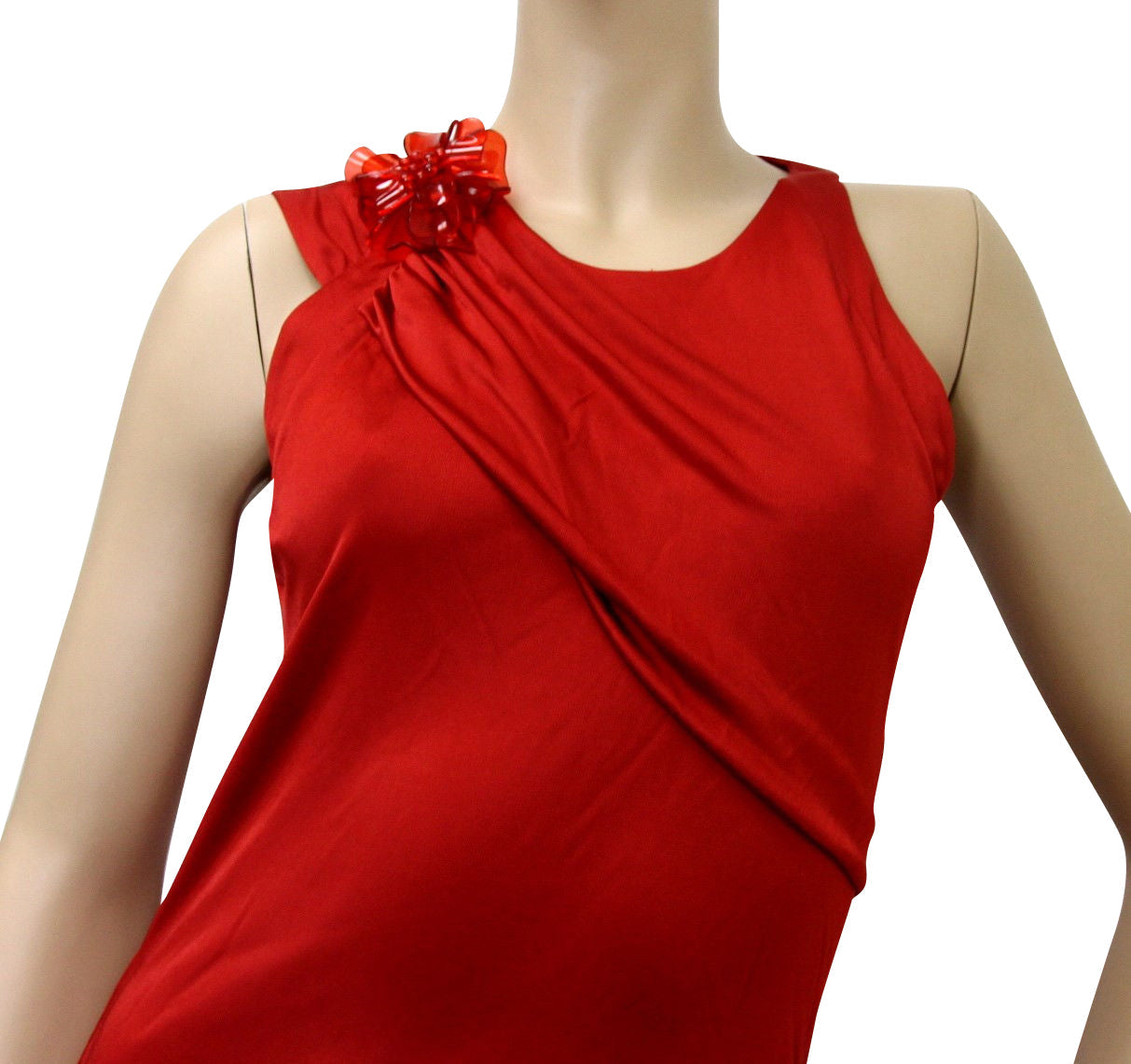 Gucci Women's Red Rayon Dress With Flower Brooch