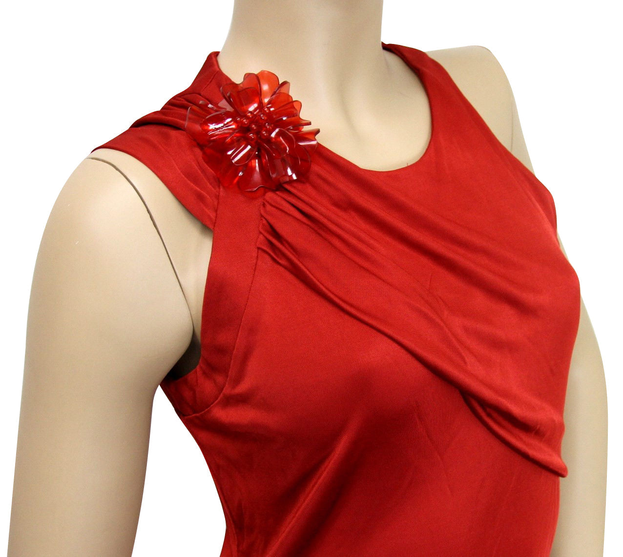 Gucci Women's Red Rayon Dress With Flower Brooch