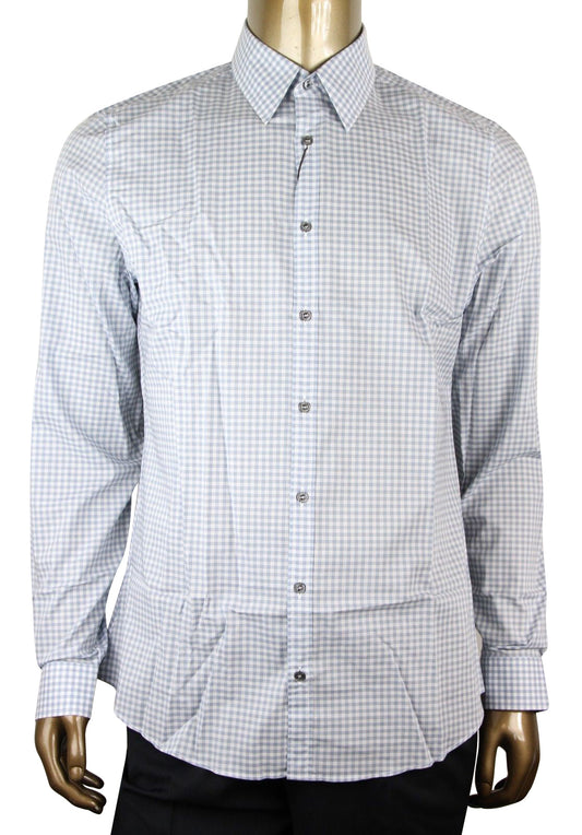 Gucci Men's Blue Topaz / White Cotton Vichy Checkered Slim Shirt