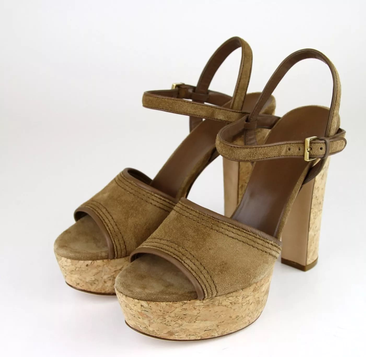 New  Gucci Danielle Suede Cork Platform Sandal, 38.5/8.5