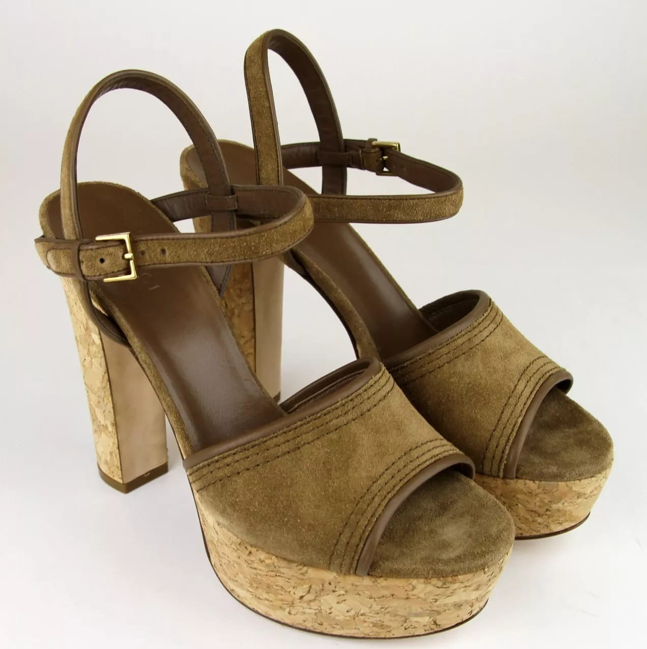 New  Gucci Danielle Suede Cork Platform Sandal, 38.5/8.5