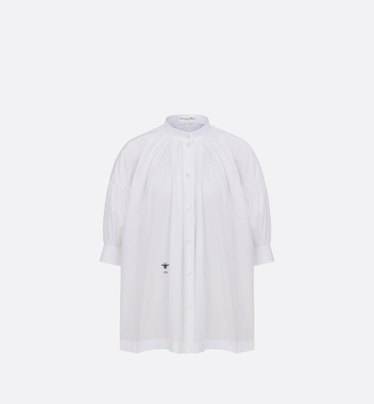 Three-Quarter Sleeve Pleated Blouse  • White Cotton Poplin