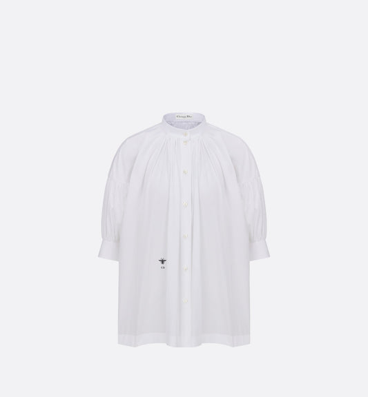 Three-Quarter Sleeve Pleated Blouse  • White Cotton Poplin
