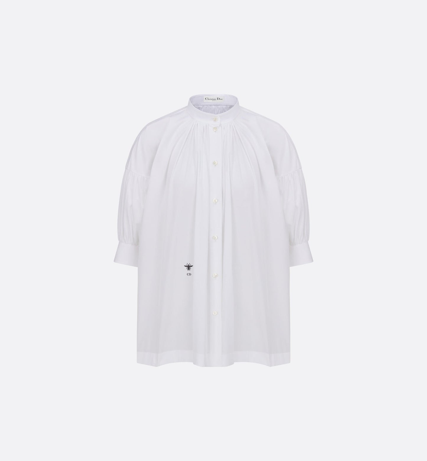 Three-Quarter Sleeve Pleated Blouse  • White Cotton Poplin