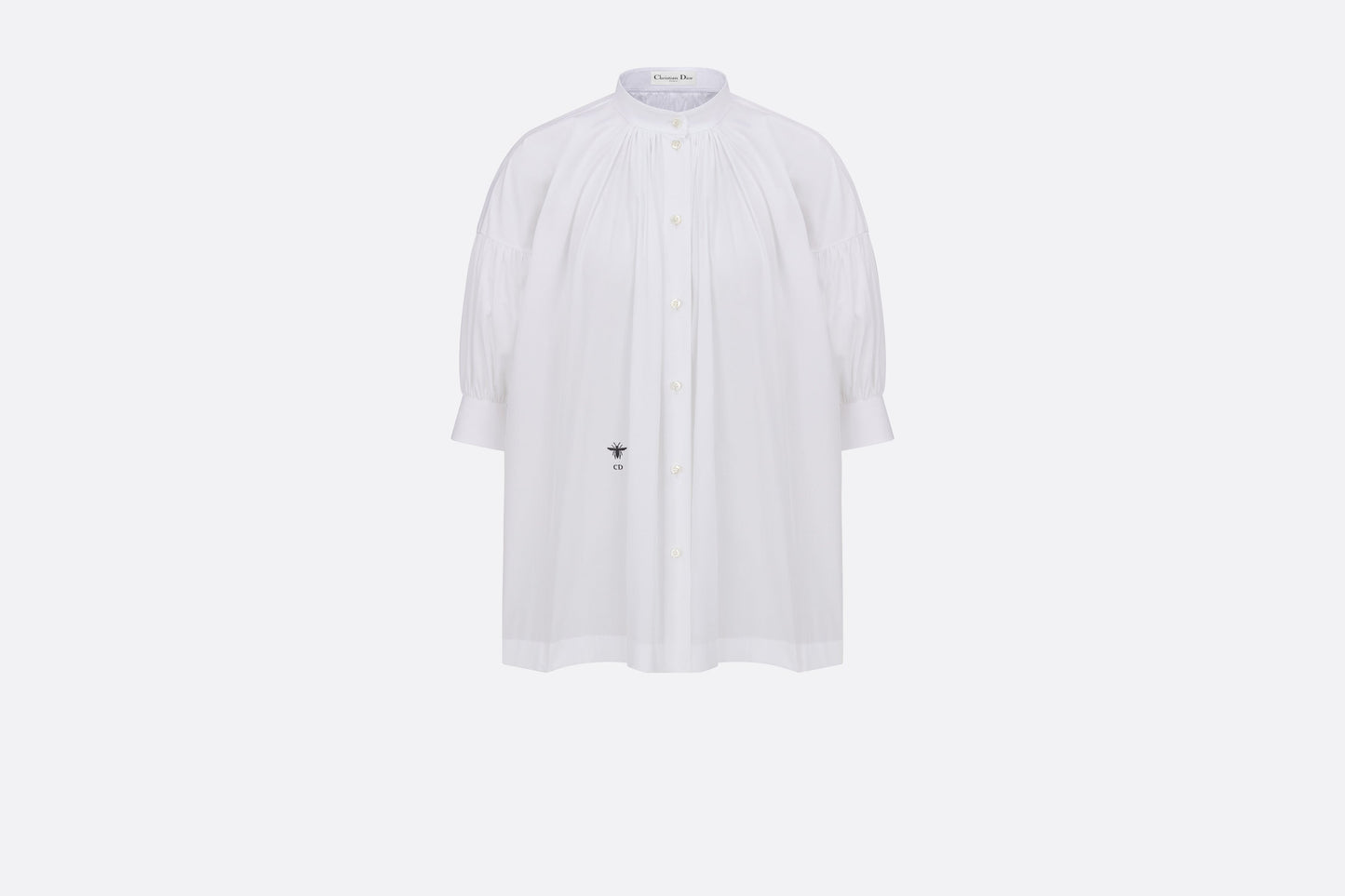Three-Quarter Sleeve Pleated Blouse  • White Cotton Poplin