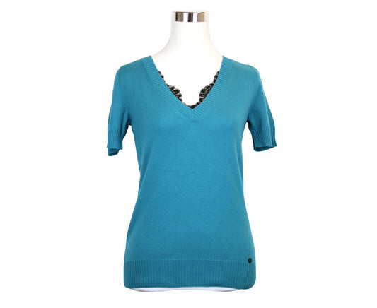 Gucci Women's Top Lace Teal Rayon Cotton Nylon V-Neck Sweater Detail