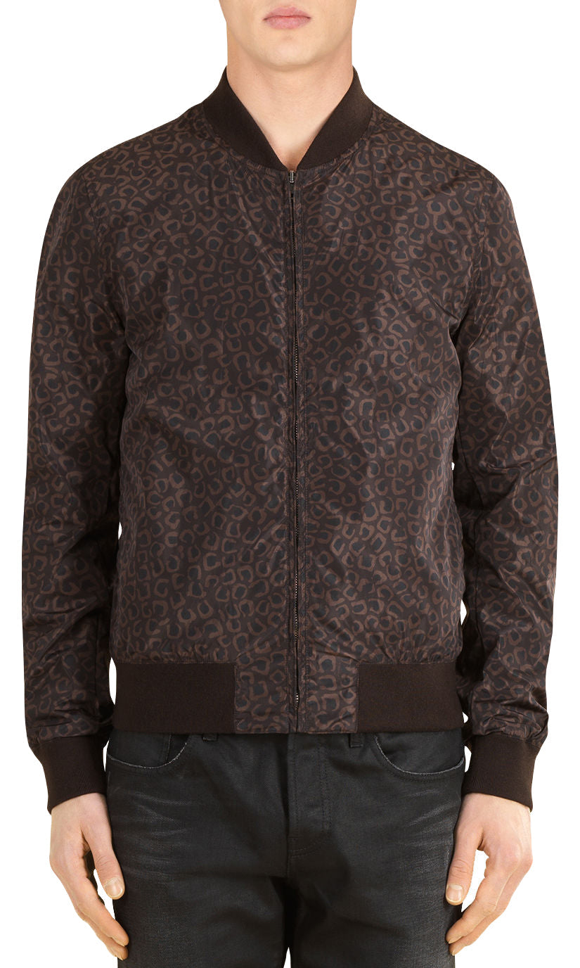 Gucci Men's Bomber Brown Polyamide Leopard Print Jacket