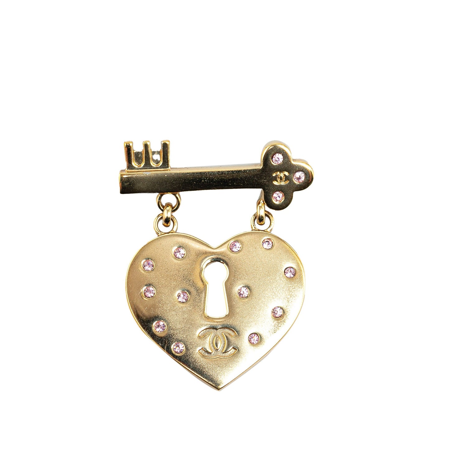 Gold Chanel Gold Plated Heart Lock and Key Brooch Pin
