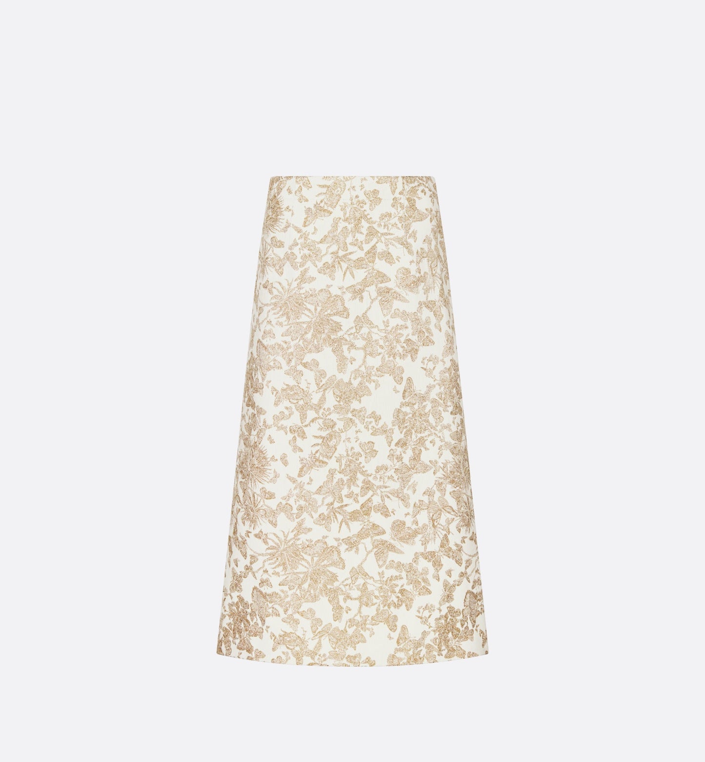 Mid-Length Flared Skirt • White Technical Jacquard with Gold-Tone Allover Butterfly Motif