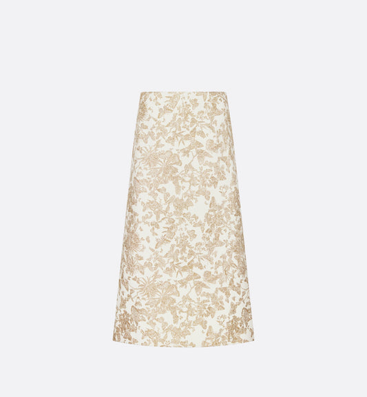Mid-Length Flared Skirt • White Technical Jacquard with Gold-Tone Allover Butterfly Motif