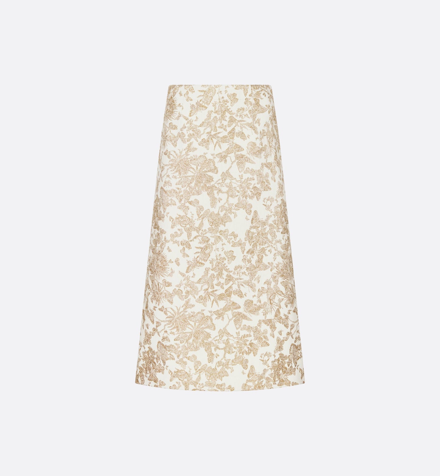 Mid-Length Flared Skirt • White Technical Jacquard with Gold-Tone Allover Butterfly Motif
