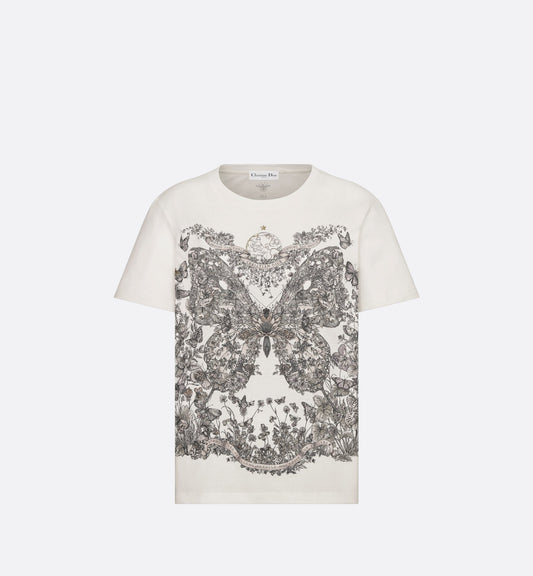 T-Shirt • White Cotton and Linen Jersey with Pastel Pink Butterfly Around The World Motif