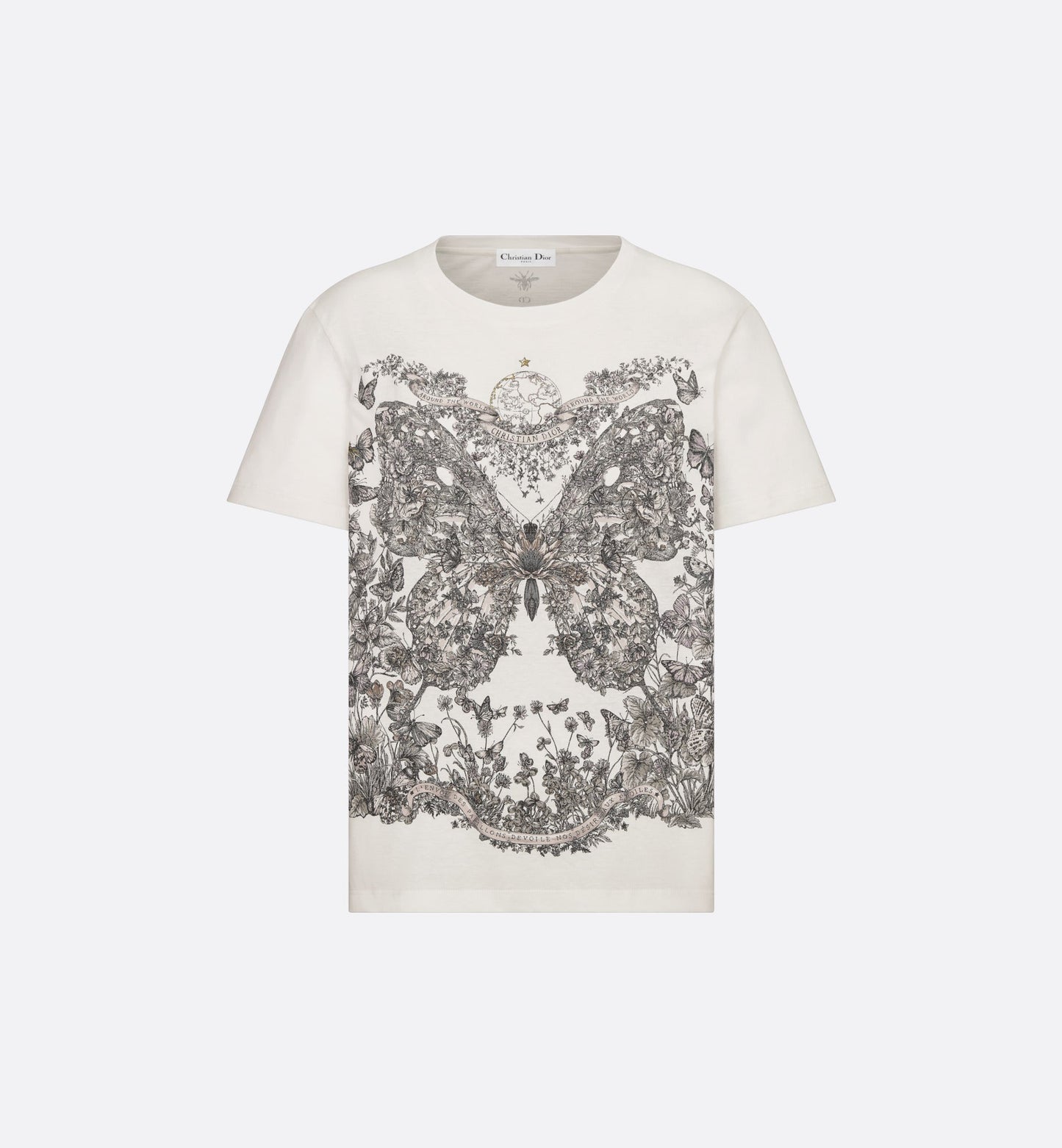 T-Shirt • White Cotton and Linen Jersey with Pastel Pink Butterfly Around The World Motif