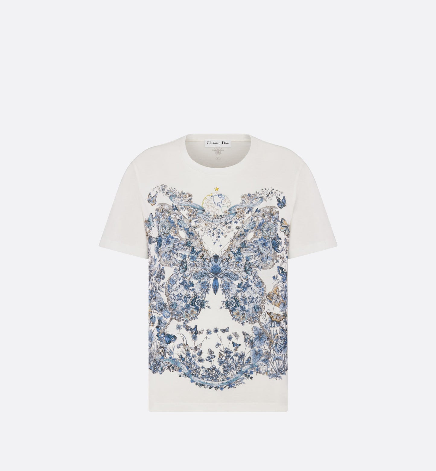 T-Shirt • White Cotton and Linen Jersey with Pastel Midnight Blue Butterfly Around The World Motif