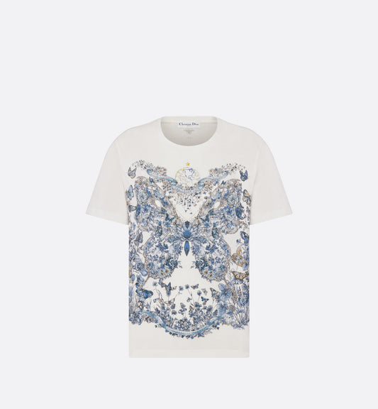T-Shirt • White Cotton and Linen Jersey with Pastel Midnight Blue Butterfly Around The World Motif