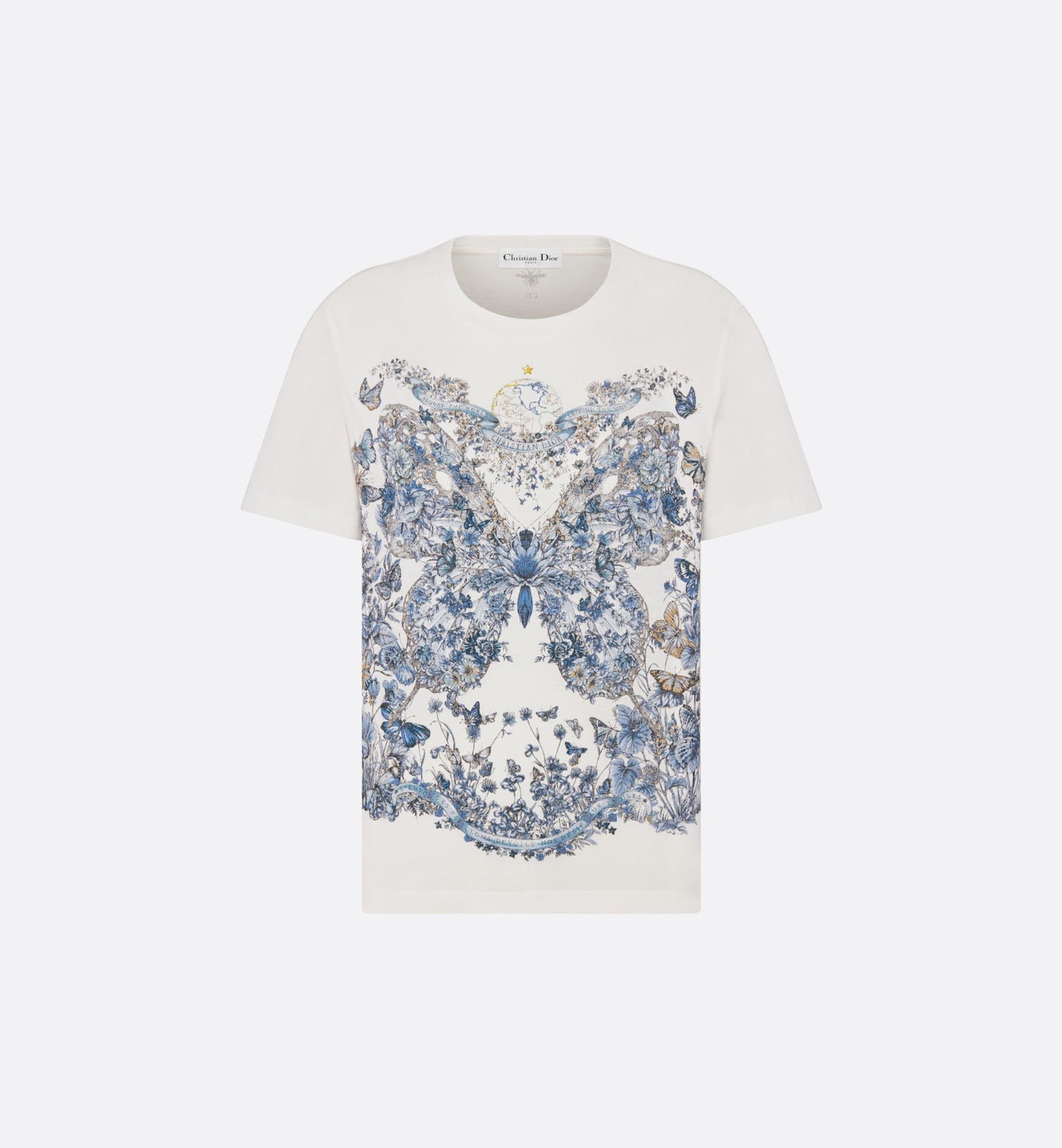 T-Shirt • White Cotton and Linen Jersey with Pastel Midnight Blue Butterfly Around The World Motif
