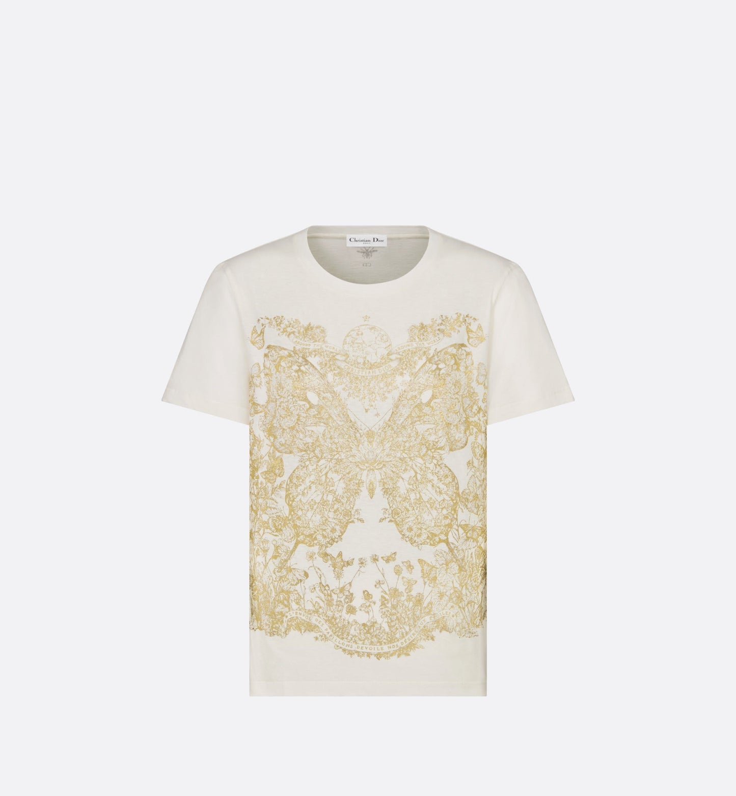 T-Shirt • White Cotton Jersey with Gold-Tone Butterfly Around the World Motif