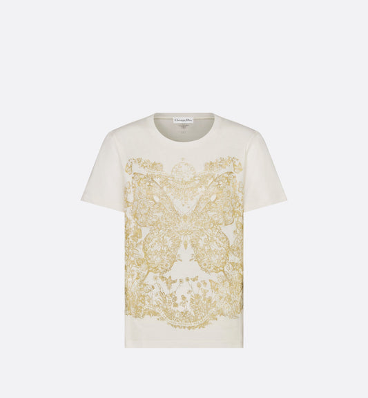 T-Shirt • White Cotton Jersey with Gold-Tone Butterfly Around the World Motif