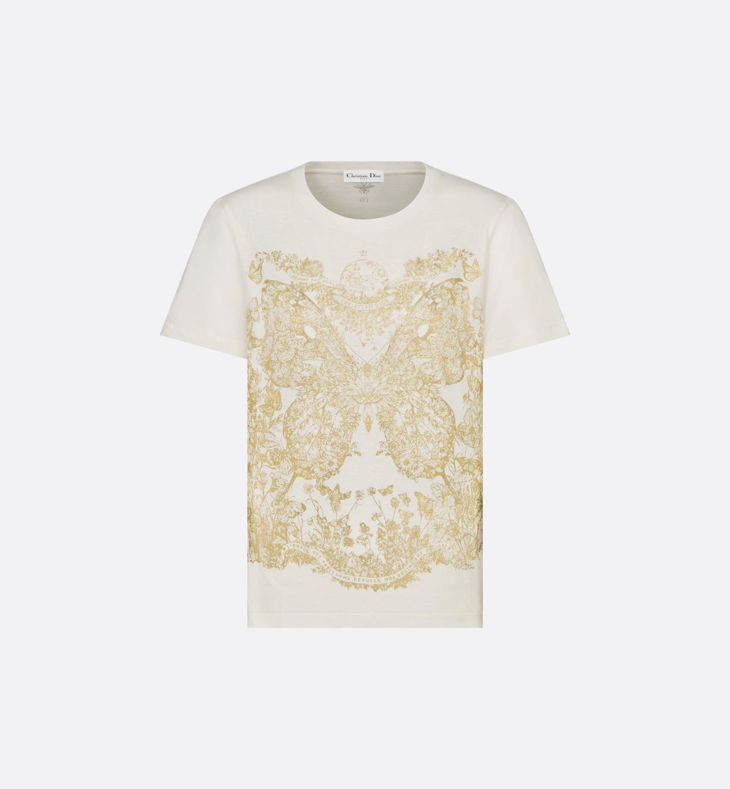 T-Shirt • White Cotton Jersey with Gold-Tone Butterfly Around the World Motif