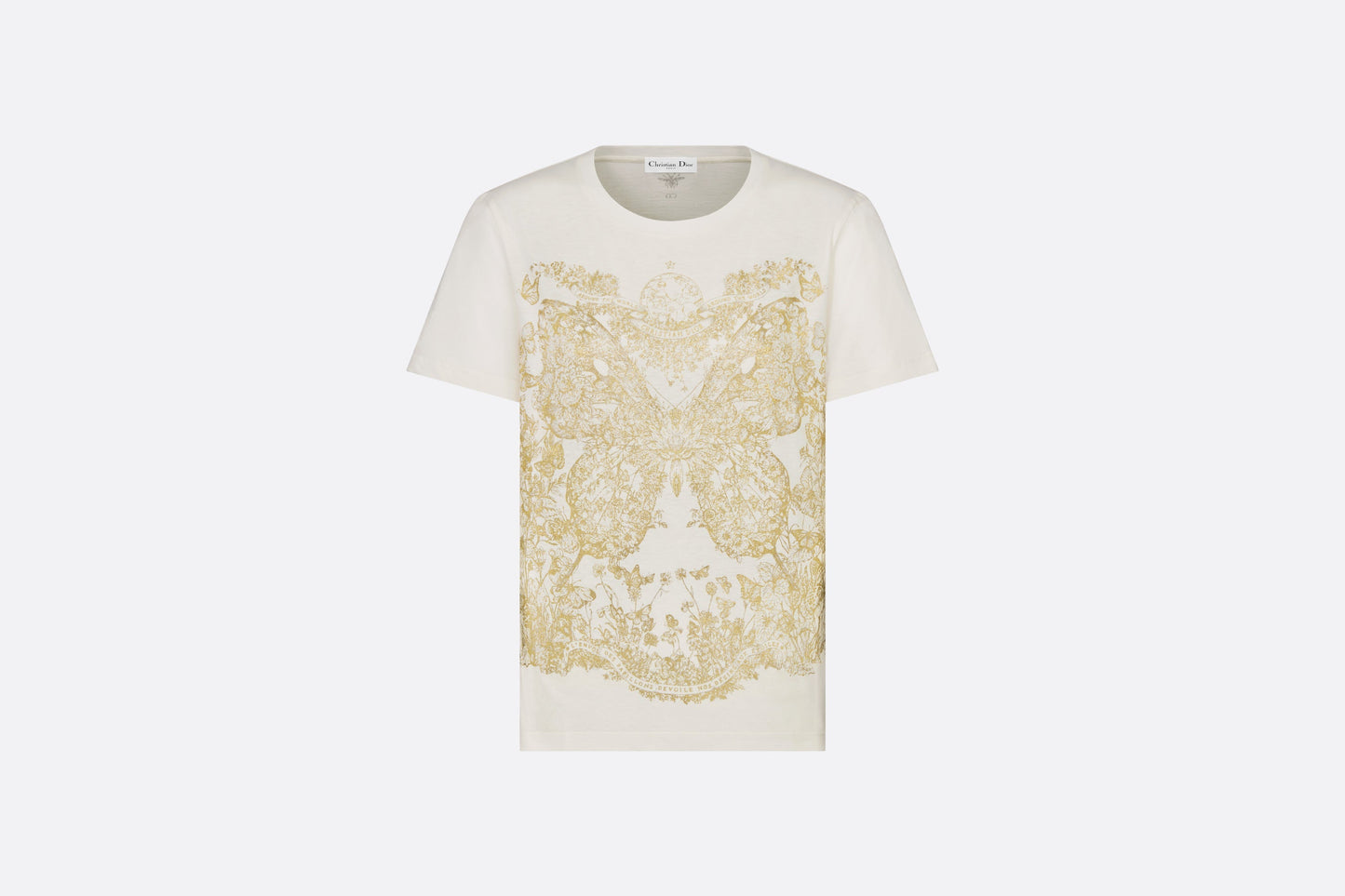 T-Shirt • White Cotton Jersey with Gold-Tone Butterfly Around the World Motif