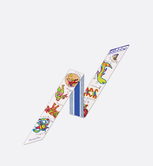 Niki de Saint Phalle Dragon Zodiac Mitzah Scarf • White and Blue Multicolor Silk Twill