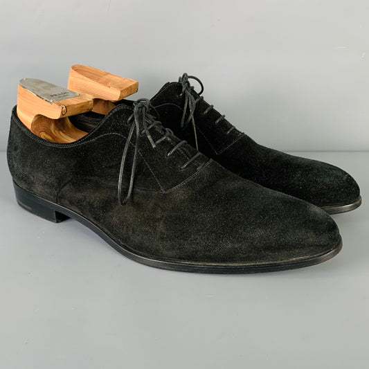 PRADA Size 8 Black Suede Pointed Toe Lace-Up Shoes