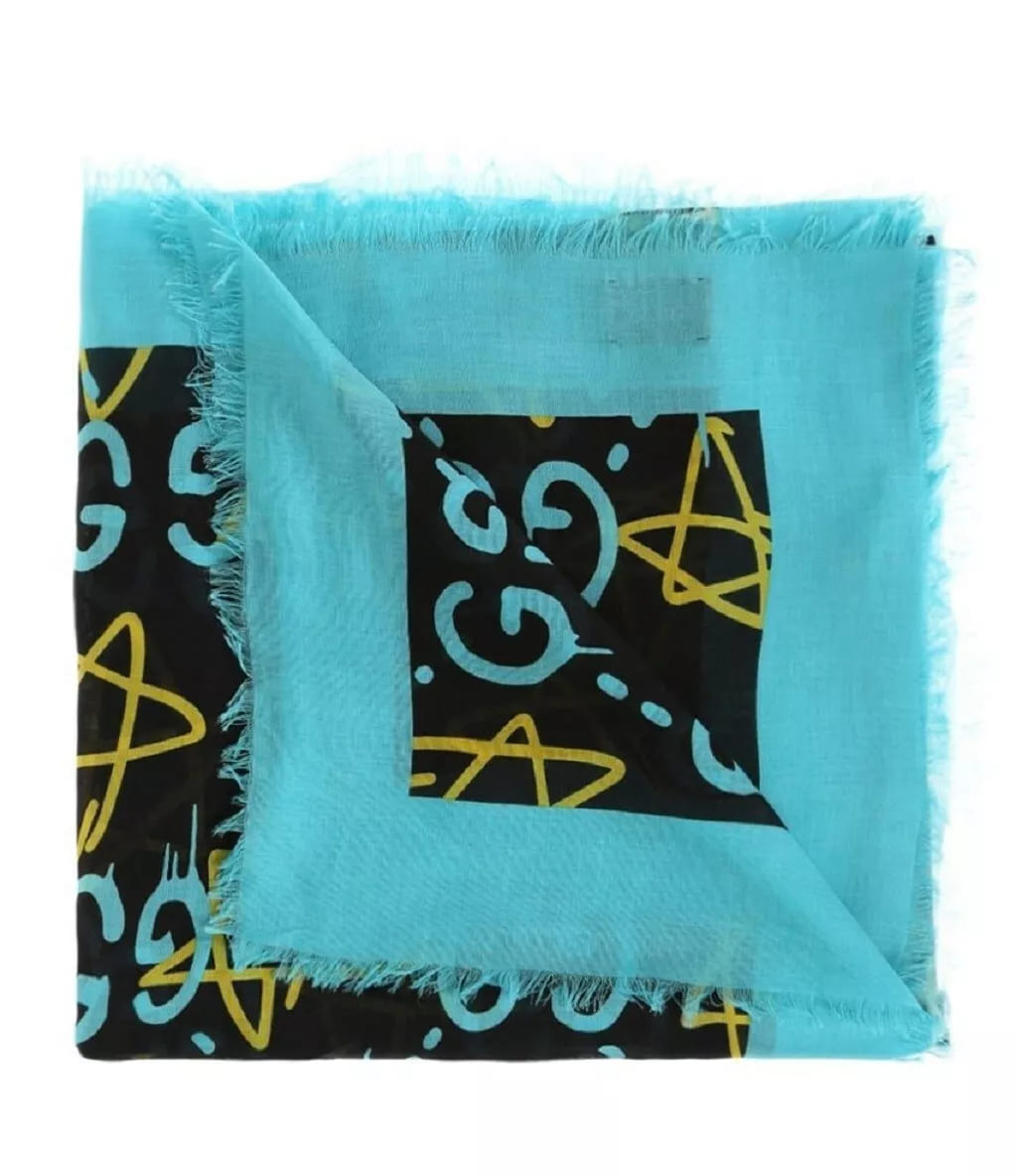 Gucci Ghost Black Blue GG Star Modal Silk Large Scarf Shawl w/Box