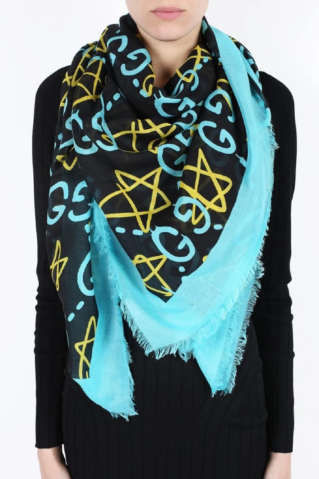 Gucci Ghost Black Blue GG Star Modal Silk Large Scarf Shawl w/Box