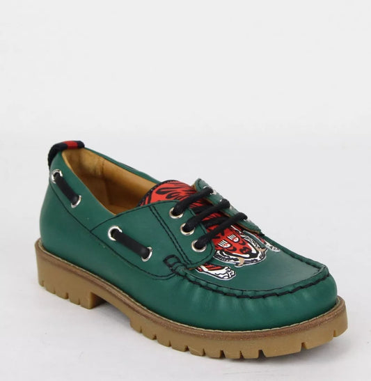 Gucci Boy Toddler Green Leather Loafer w/Red Animal Print 26/US 10