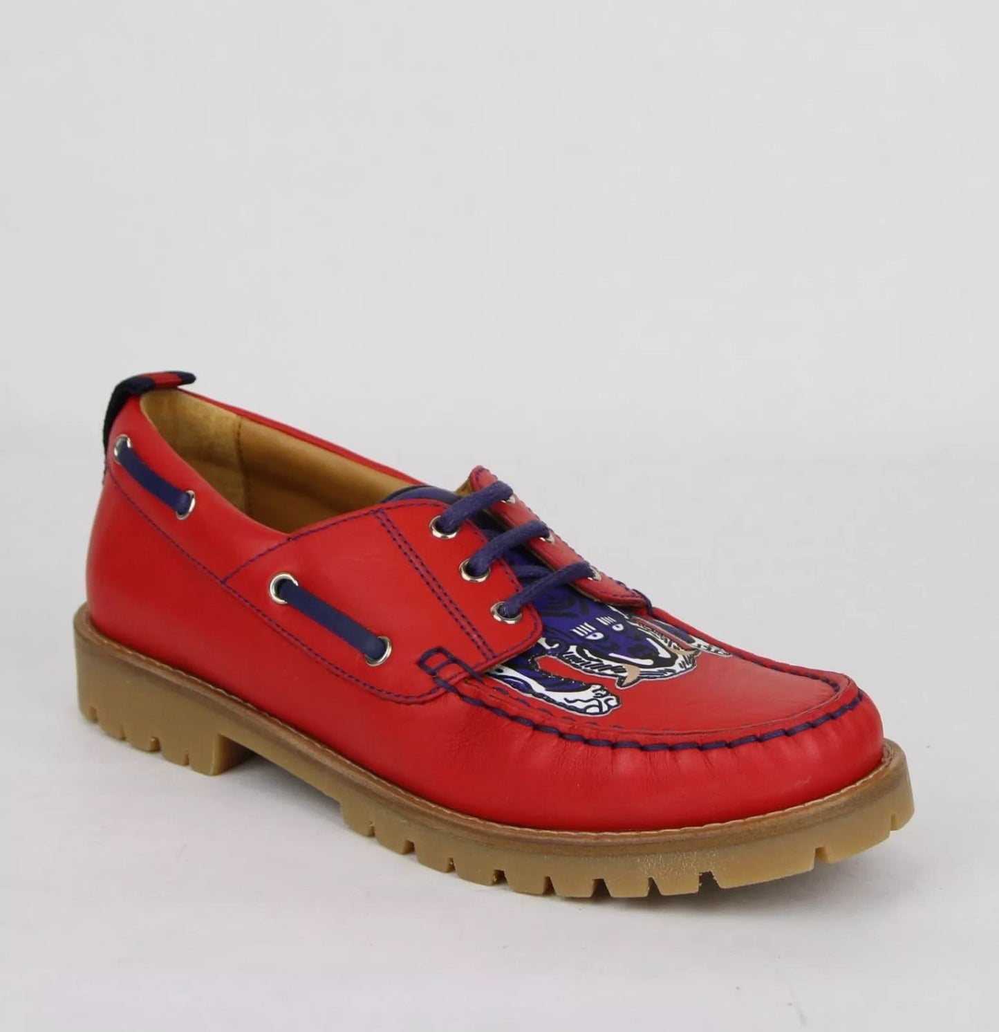 Gucci Boy Toddler Red Leather Loafer w/Blue Animal Print 24/US 8 455435 6573
