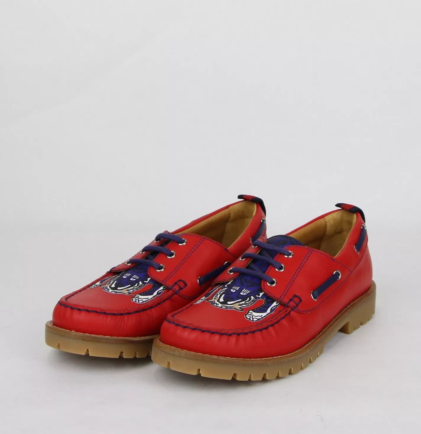 Gucci Boy Toddler Red Leather Loafer w/Blue Animal Print 24/US 8 455435 6573