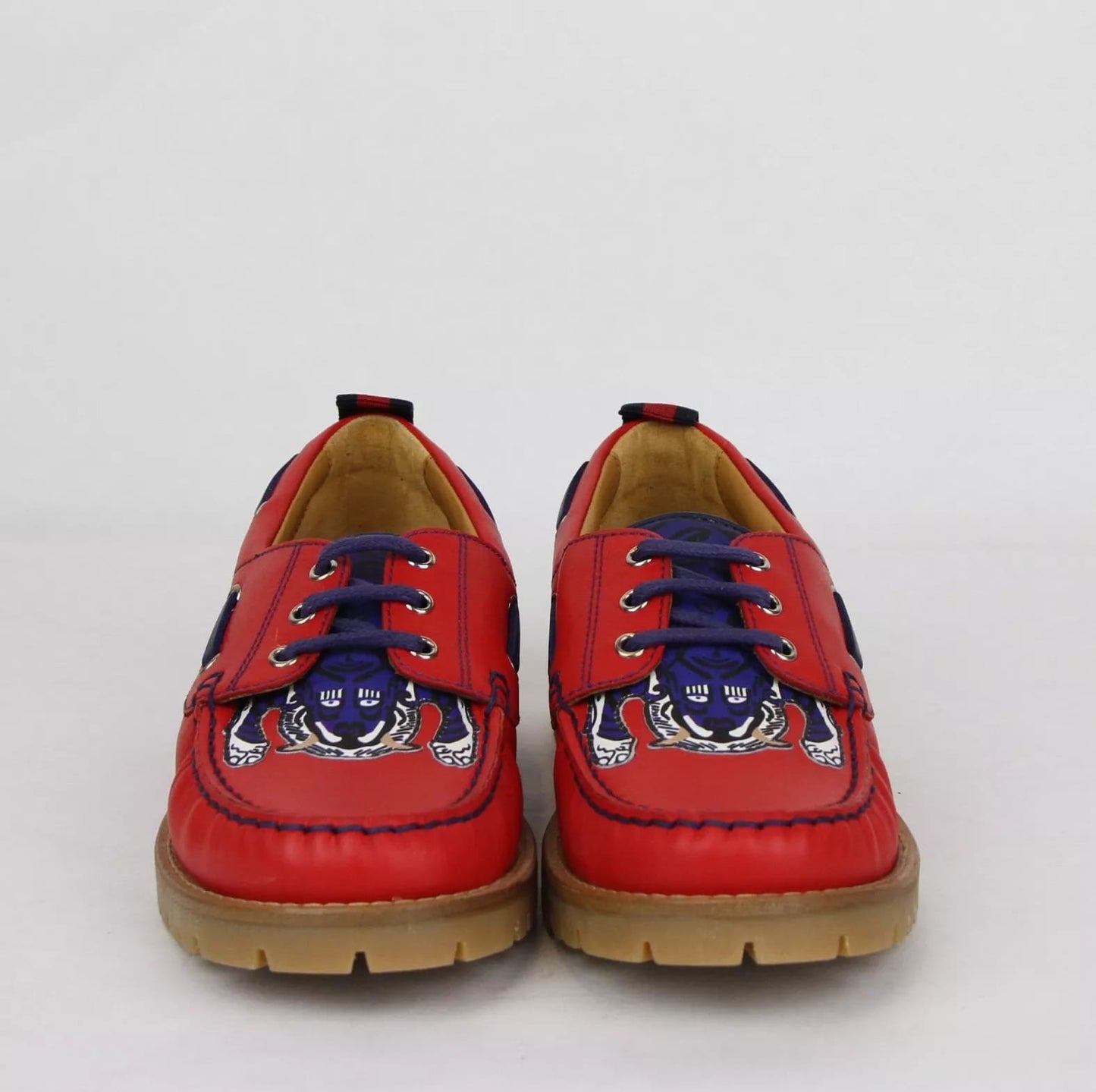 Gucci Boy Toddler Red Leather Loafer w/Blue Animal Print 24/US 8 455435 6573