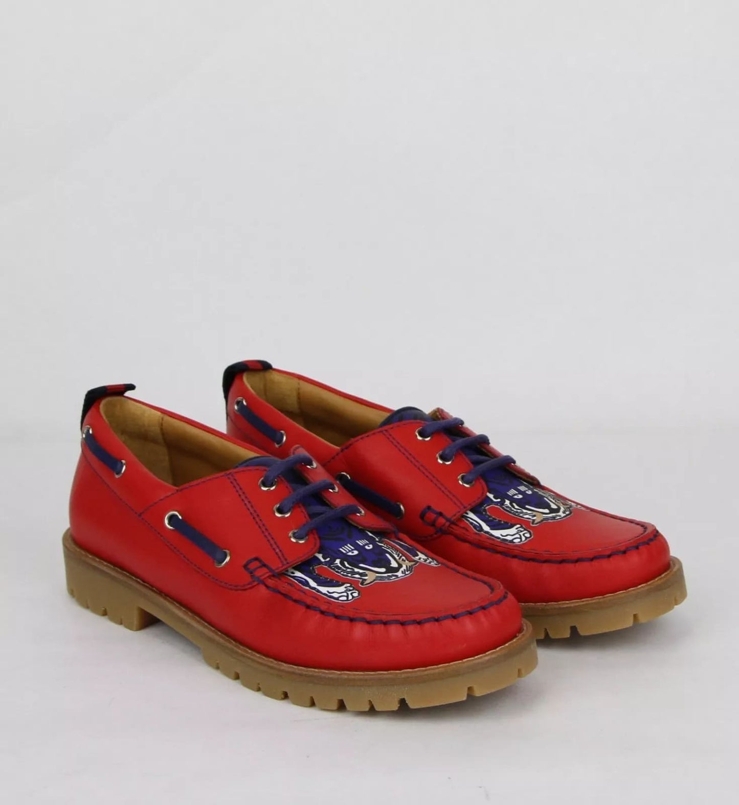 Gucci Boy Toddler Red Leather Loafer w/Blue Animal Print 24/US 8 455435 6573